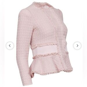 Rebecca Taylor Light Pink Tweed Peplum Jacket Fringe Trim Size 2 boucle